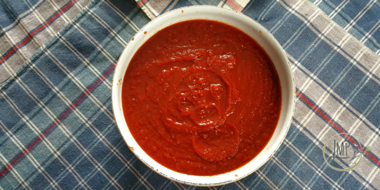 Salsa barbecue homemade in ciotola bianca su telo a scacchi